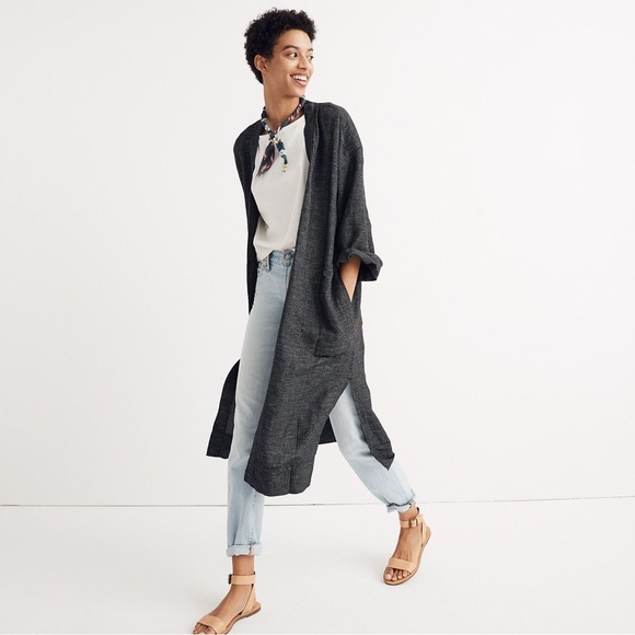 Madewell Long Robe Jacket in Grid Pattern Open Front Pockets Linen Small - Picture 1 of 1